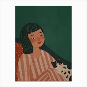 Asian Woman Girl With Cat Chilling Canvas Print