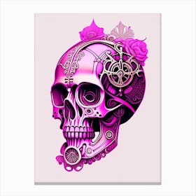 Skull With Steampunk Details 2 Pink Line Drawing Canvas Print