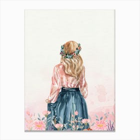 Watercolor Girl In A Flower Field Canvas Print