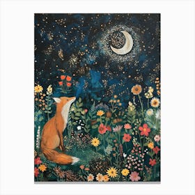 Botanical Country Fox Print | William Morris Painting | Gustav Klimt Wildflowers Artwork for Feature Wall | Pagan Moonlight Crescent Moon and Stars | Starry Night in HD 1 Canvas Print