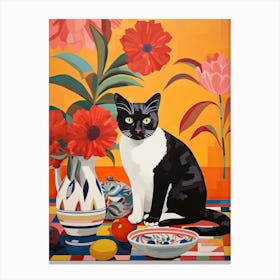Protea Flower Vase And A Cat, A Painting In The Style Of Matisse 1 Canvas Print