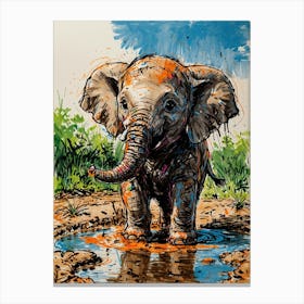 Baby Elephant In Puddle 1 Canvas Print