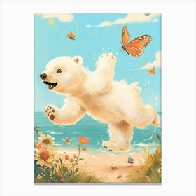 Polar Bear Cub Chasing After A Butterfly Storybook Illustration 2 Canvas Print