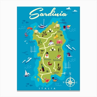 Sardinia Map Poster Green & Blue Canvas Print