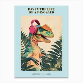 Retro Collage Dinosaur Listening To Music With Headphones 3 Poster Canvas Print