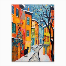 Cat In The Streets Of Budapest   Hungary With Snow 1 Canvas Print