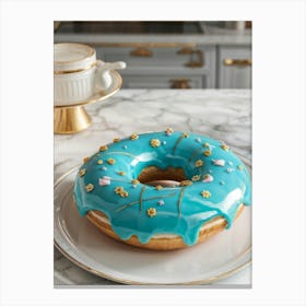 Turquoise Donut Embellished With Gold Trim And Adorned In Floral Patterns Positioned In A Surreal Canvas Print