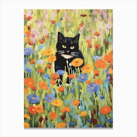 A Black Cat Painting In A Field Of Flowers Canvas Print