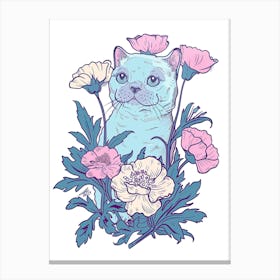 Cute Scottinsh Fold Cat With Flowers Illustration 4 Canvas Print