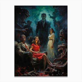 Showcasing A Startling Array Of Vintage Horror Art The Scene Unveils A Chaotic Amalgamation Of Thri (1) 2 Canvas Print