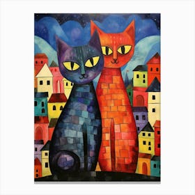 Two Patchwork Cats In Front Of A Medieval Cityscape Canvas Print