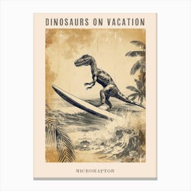 Vintage Microraptor Dinosaur On A Surf Board 1 Poster Canvas Print