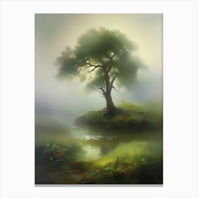 Oak tree, fine work of art, misty atmosphere, green meadow..3 Canvas Print