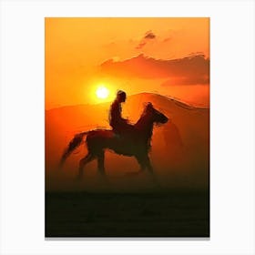 Sunset, A Horse And Horseman Canvas Print