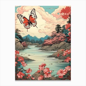 Butterflies At Sunset By The River Japanese Style Painting 3 Canvas Print