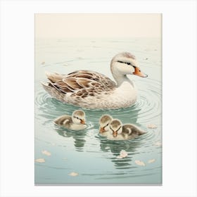 Ducklings In The Icy Water Japanese Woodblock Style 4 Canvas Print