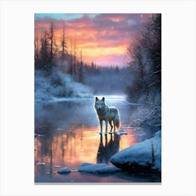 A wolf on a frozen river Canvas Print