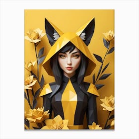 Low Poly Floral Fox Girl, Black And Yellow (6) Canvas Print