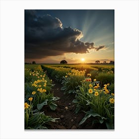 Field Of Yellow Flowers At Sunset Canvas Print