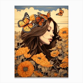 Butterfly Woman With Flowers Canvas Print
