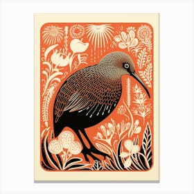 Vintage Bird Linocut Kiwi 2 Canvas Print