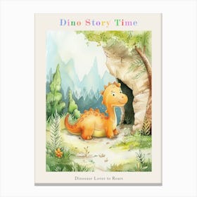 Cute Dinosaur Finds A Cave Storybook Illustration Poster Canvas Print