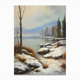 Ancient landscapes, old winter oil paintings and rocks around the lake bank. Snow is falling on the lake, old colors.3 1 Canvas Print