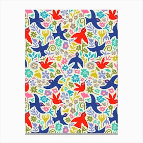 BIRDWATCHING LOVE Colourful Cute Birds Hummingbirds Flowers Mushrooms in Rainbow Colours Canvas Print