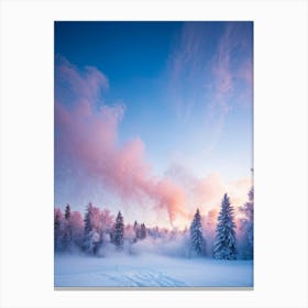 Winter Forest Enshrouded In Delicate Swirls Of Baby Blue Pink Yellow And Light Magenta Smoke Tre Canvas Print