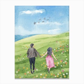 Watercolor Of A Couple Holding Hands Canvas Print