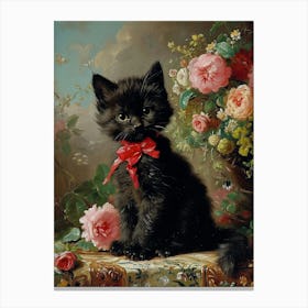 Black Rococo Inspired Kitten  With Red Bow Canvas Print