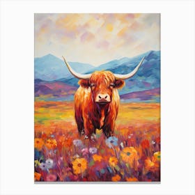 Highland Cow Impressionism Inspired Painting With Colourful Flowers  Canvas Print
