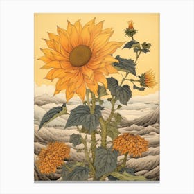 Himawari Sunflower 2 Japanese Botanical Illustration Canvas Print