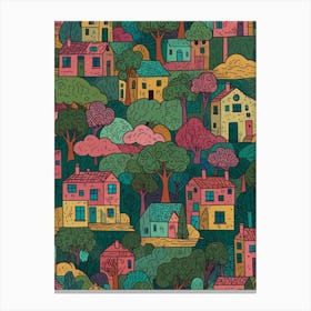 Seamless Pattern With Houses And Trees Canvas Print