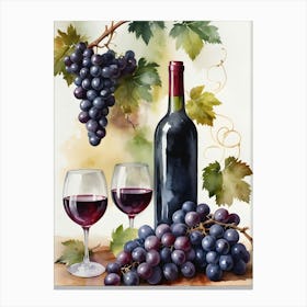 Vines,Black Grapes And Wine Bottles Painting (14) Canvas Print