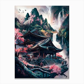 Japanese Temple in Mountain Waterfall Forest Acrylic Painting #3 Canvas Print