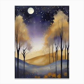 Cosmic Fall Night،
An ethereal boho painting that captures the beauty of a fall night sky. The background is a deep navy, speckled with tiny stars, while the foreground features silhouettes of autumn trees in shades of charcoal and dark olive. The moon is painted in a glowing silver, surrounded by soft wisps of mist in pale gold and lavender.
.12 Canvas Print