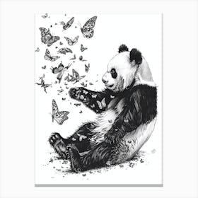 Giant Panda Cub Playing With Butterflies Ink Illustration 1 Canvas Print