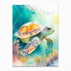 A Single Sea Turtle In Coral Reef, Sea Turtle Storybook Watercolours 3 Canvas Print
