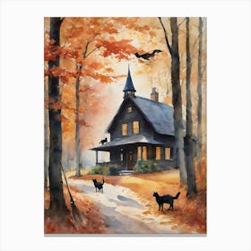 She Will Be Home Soon ~ Vintage Witch Art New England Pilgrim Witches House Salem Witches Artwork Watercolor Autumn Pagan Halloween Cottage Witchy Black Cats Spooky Goth Witchcore Cottagecore Painting Canvas Print