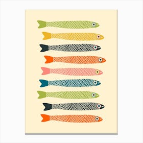 ANCHOVIES Retro Swimming Fish Horizontal in Vintage Colours Orange Green Blue Pink Yellow Charcoal on Cream Canvas Print