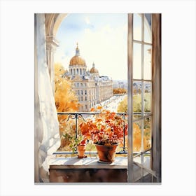 Window View Of Helsinki Finland In Autumn Fall, Watercolour 2 Canvas Print