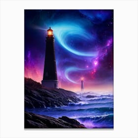 Black Lighthouses Rise From A Colorful Ocean Reflecting Galaxies And Nebulae Venus Emitting A Radia Canvas Print