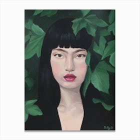 Chinese Lady With Green Leaves Canvas Print