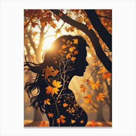 Silhouette Of Woman In Autumn Forest Canvas Print