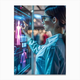 A Woman Wearing Glasses Interacting With A Large, Futuristic Touchscreen Displaying Data Visualizations Of The Human Body Canvas Print