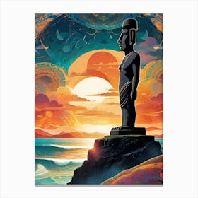 Easter Island - Imagined Visionary Psychedelic Mandala Fractals Fantasy Artwork Sun Moon Statue Yoga Spiritual Awakening Meditation Wall Room Decor South Eastern Pacific Sunset Canvas Print