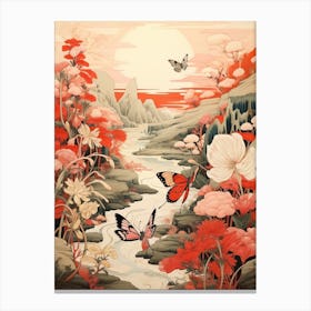Red Flowers & Sun Japanese Style Painting Canvas Print
