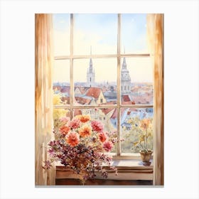 Window View Of Bratislava Slovakia In Autumn Fall, Watercolour 4 Canvas Print