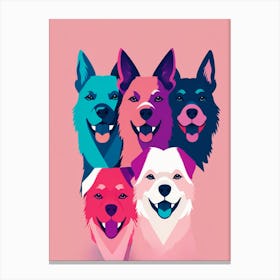Five Dogs On A Pink Background, colorful dog illustration, dog portrait, animal illustration, digital art, pet art, dog artwork, dog drawing, dog painting, dog wallpaper, dog background, dog lover gift, dog décor, dog poster, dog print, pet, dog, vector art, dog art Canvas Print